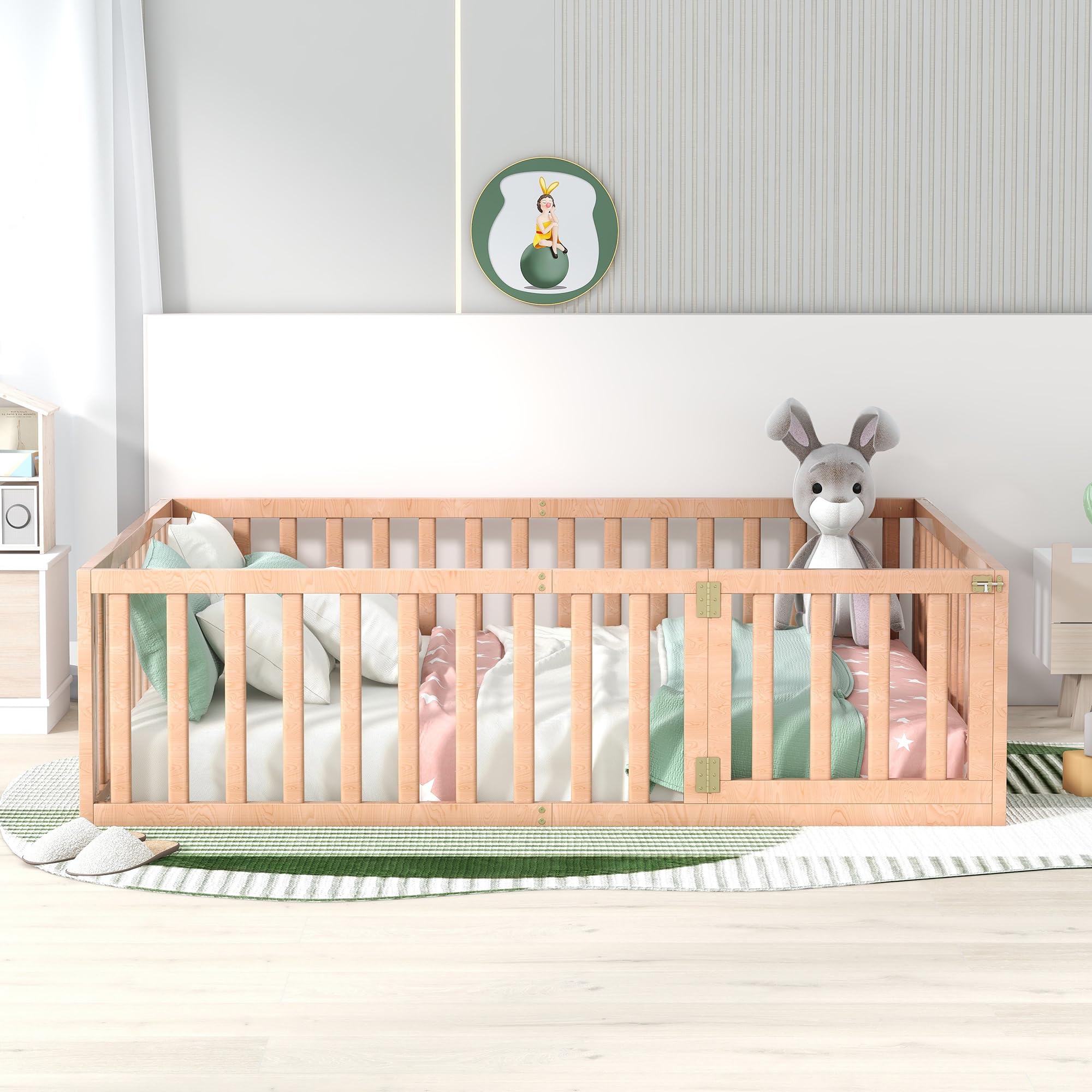 Harper & Bright Designs Floor Bed with Rails, Full Size Wood Floor Bed Frame with Fence and Door, for Kids Girls Boys (Natural)