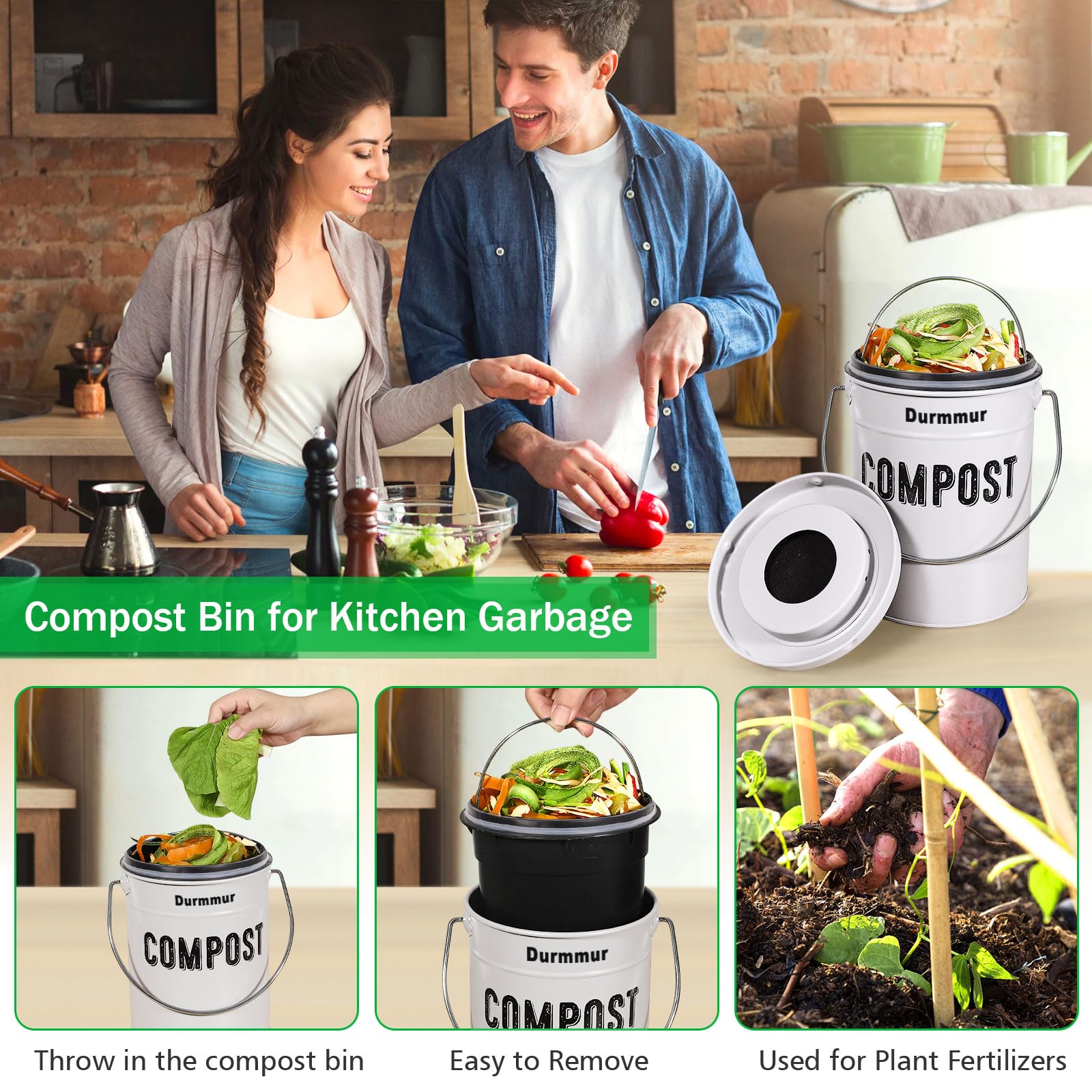 Durmmur Compost Bin Kitchen Counter, Indoor Compost Bin, Includes Inner Bucket with Sealed Ring Compost Pail, Countertop Compost Bin with Lid, Compost Bucket Compost Container, 1.0 Gallon