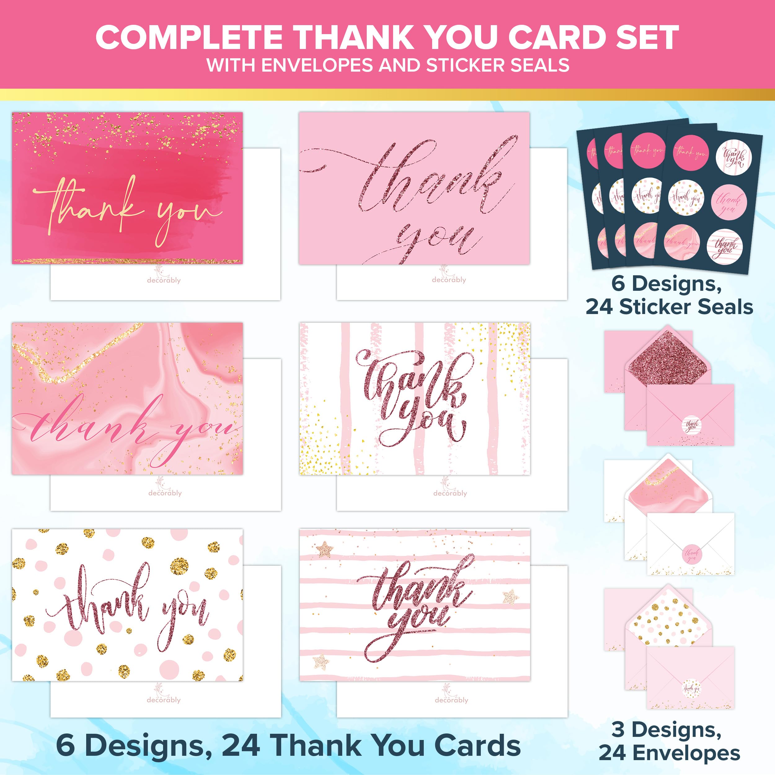 Decorably Thank You Cards with Envelopes & Stickers, Glittery Cards - 24 Pack Thank You Cards Pink Thank You Cards with Envelopes Pink, Blank Inside Pink Thank You Notes, 6x4in Thank You Notes Pink