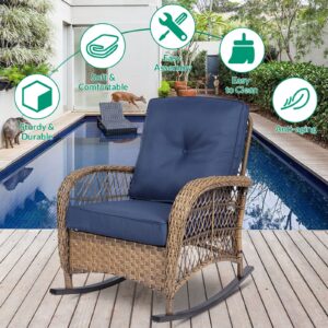 VIVIJASON 2 Piece Patio Wicker Rattan Rocker Chair, Outdoor Rattan Rocker Chair with Cushions & Steel Frame, All-Weather Rocking Lawn Wicker Furniture for Garden Backyard Porch (Navy Blue)