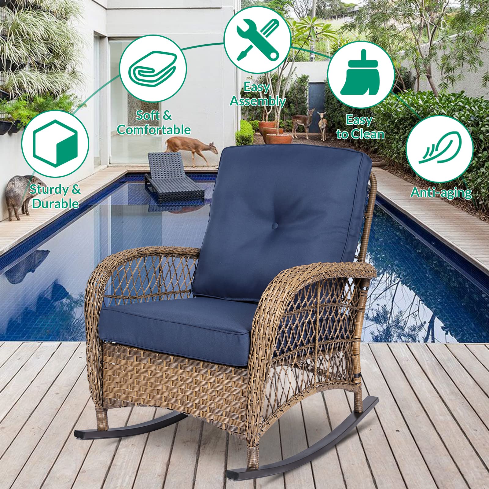 VIVIJASON 2 Piece Patio Wicker Rattan Rocker Chair, Outdoor Rattan Rocker Chair with Cushions & Steel Frame, All-Weather Rocking Lawn Wicker Furniture for Garden Backyard Porch (Navy Blue)