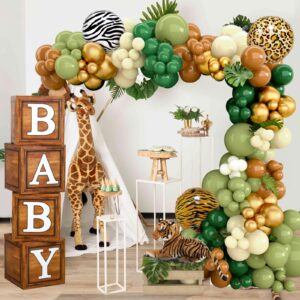 Baby Boxes Safari Baby Shower Decorations for Boy Girl, Safari Balloons Arch Kit with Wood Grain Brown Blocks with BABY Letter for Dinosaur Wild One Birthday Decorations for Boys