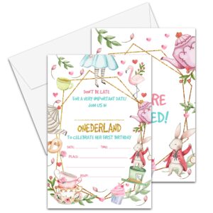 yqv wonderland 1st birthday invitations cards, 4"x 6" onederland birthday party invites with envelopes for party decorations supplies(20 pieces) -d25