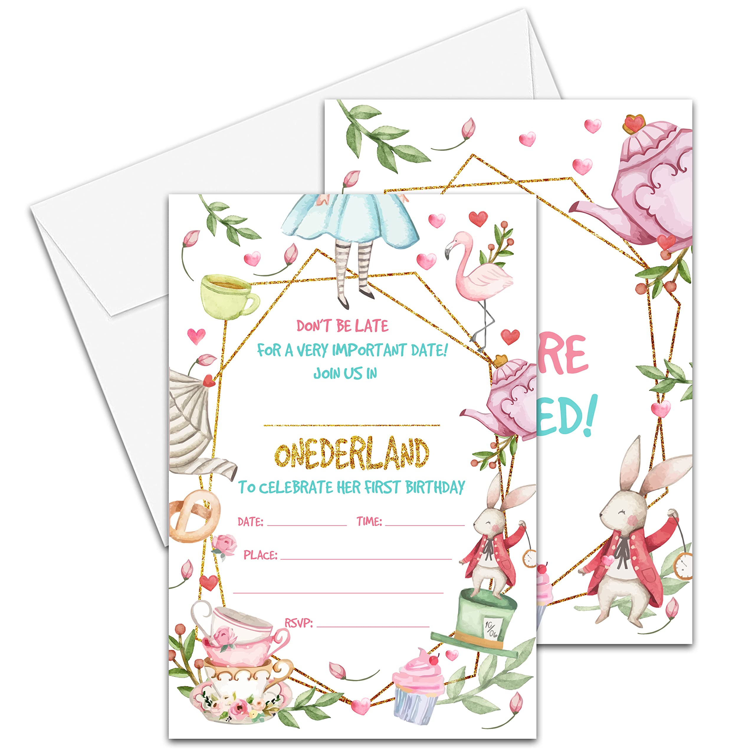 YQV Wonderland 1st Birthday Invitations Cards, 4"x 6" Onederland Birthday Party Invites with Envelopes for Party Decorations Supplies(20 Pieces) -D25