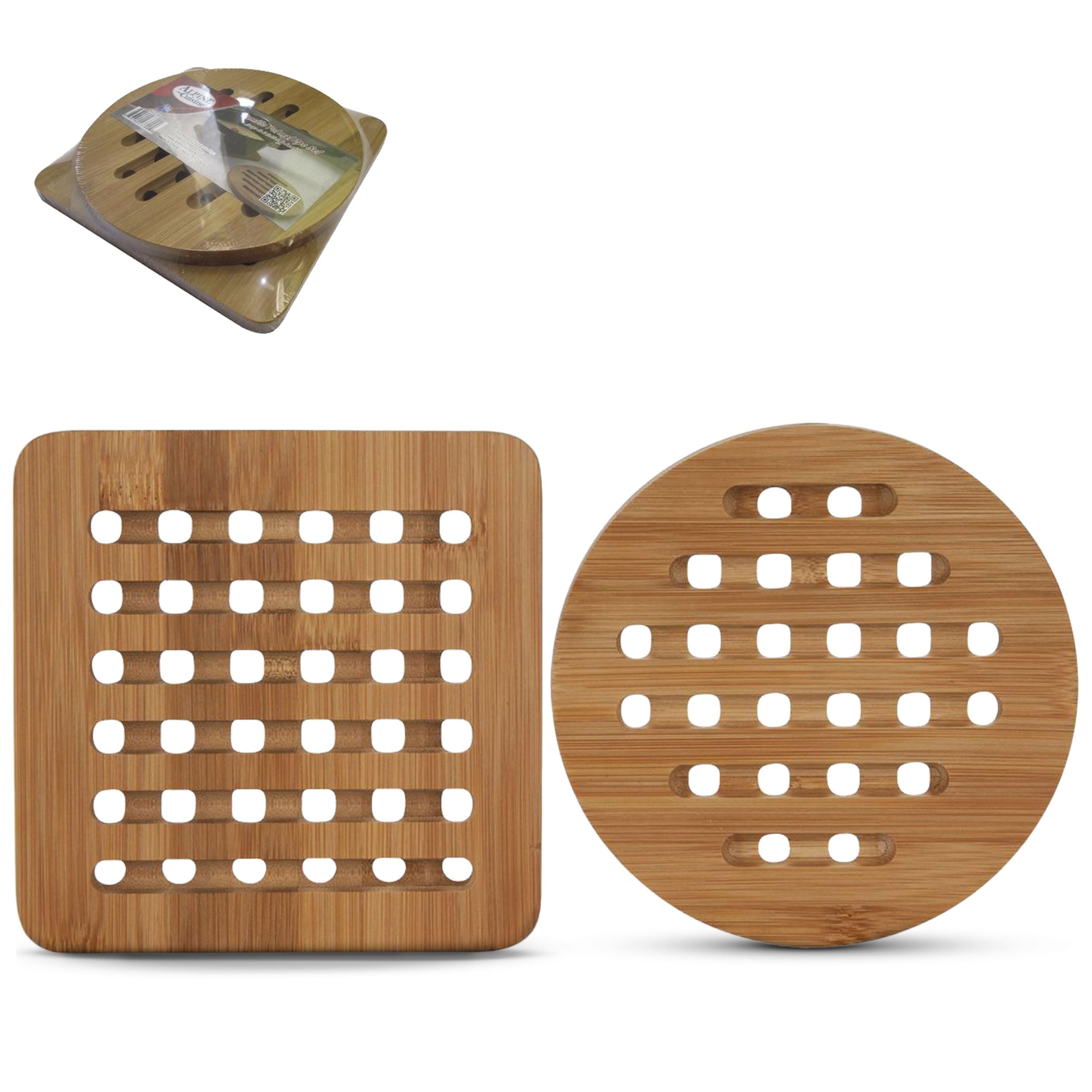 Alpine Cuisine Bamboo Trivet 2pc Set Round & Square 15cm - Hot Plate Trivet for Kitchen, Heat-Resistant Trivet Mats for Home Kitchen, Coffee Table, Living Room, Bar, Hot Dishes, Pot, Bowl, & Teapot