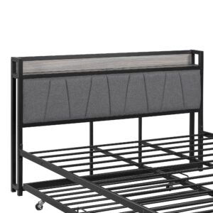 Queen Bed Frame with Trundle and Outlet & USB Ports Metal Platform Bed with Upholstered headboard, Queen Size Metal Panel Bed with Shelf, Noise-Free, No Box Spring Needed, Black with Gray