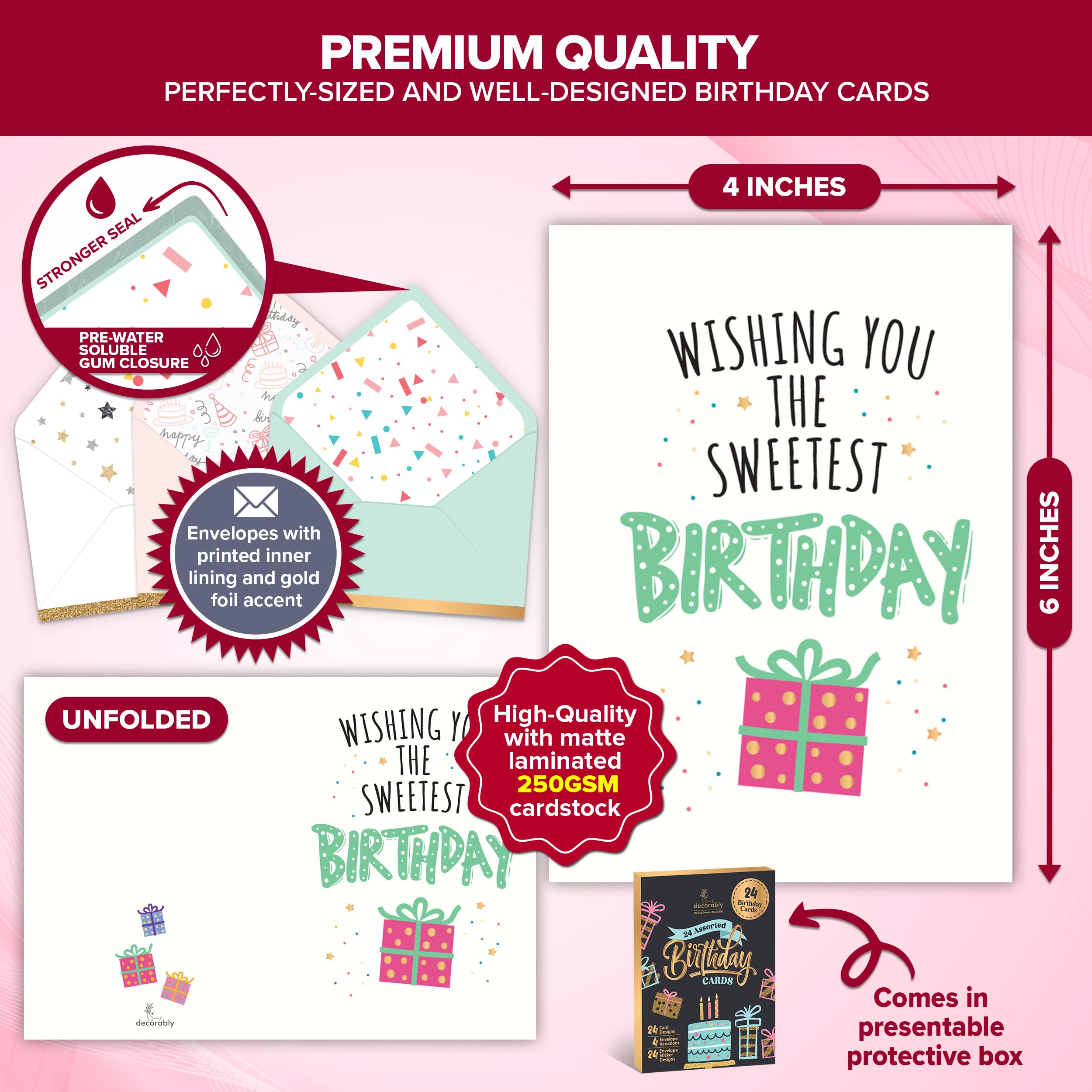 Decorably Assorted Cards with Envelopes & Stickers - 24 Pack Foiled and Glittery Box of Birthday Cards with Envelopes, Printed Message Inside Boxed Birthday Cards Assortment, 6x4 Birthday Card Pack