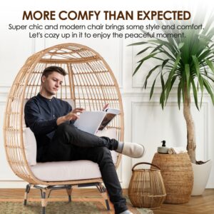 OTSUN Oversized Wicker Egg Chair: Outdoor Indoor Lounger with 4 Cushions, 440lb Capacity, Egg Basket Chair for Living Room, Backyard, Balcony, Patio, Beige