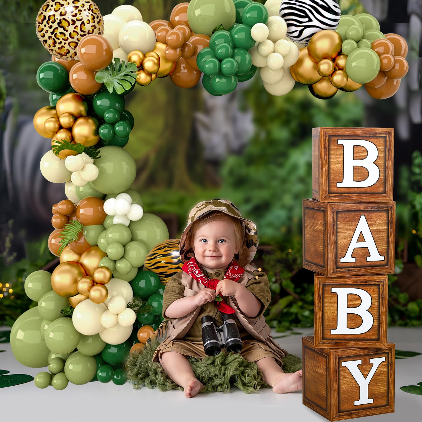 Baby Boxes Safari Baby Shower Decorations for Boy Girl, Safari Balloons Arch Kit with Wood Grain Brown Blocks with BABY Letter for Dinosaur Wild One Birthday Decorations for Boys