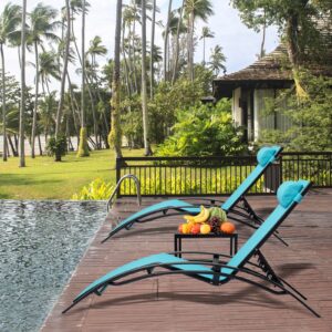 VARVIND Patio Chaise Lounge Chair Set of 3,Aluminum Outdoor Lounge Chair with Headrest,Sunbathing Lounger,Pool Tanning Chairs,Armrest Recliner Chiar with Side Table for Beach,Garden，Lawn(Blue)