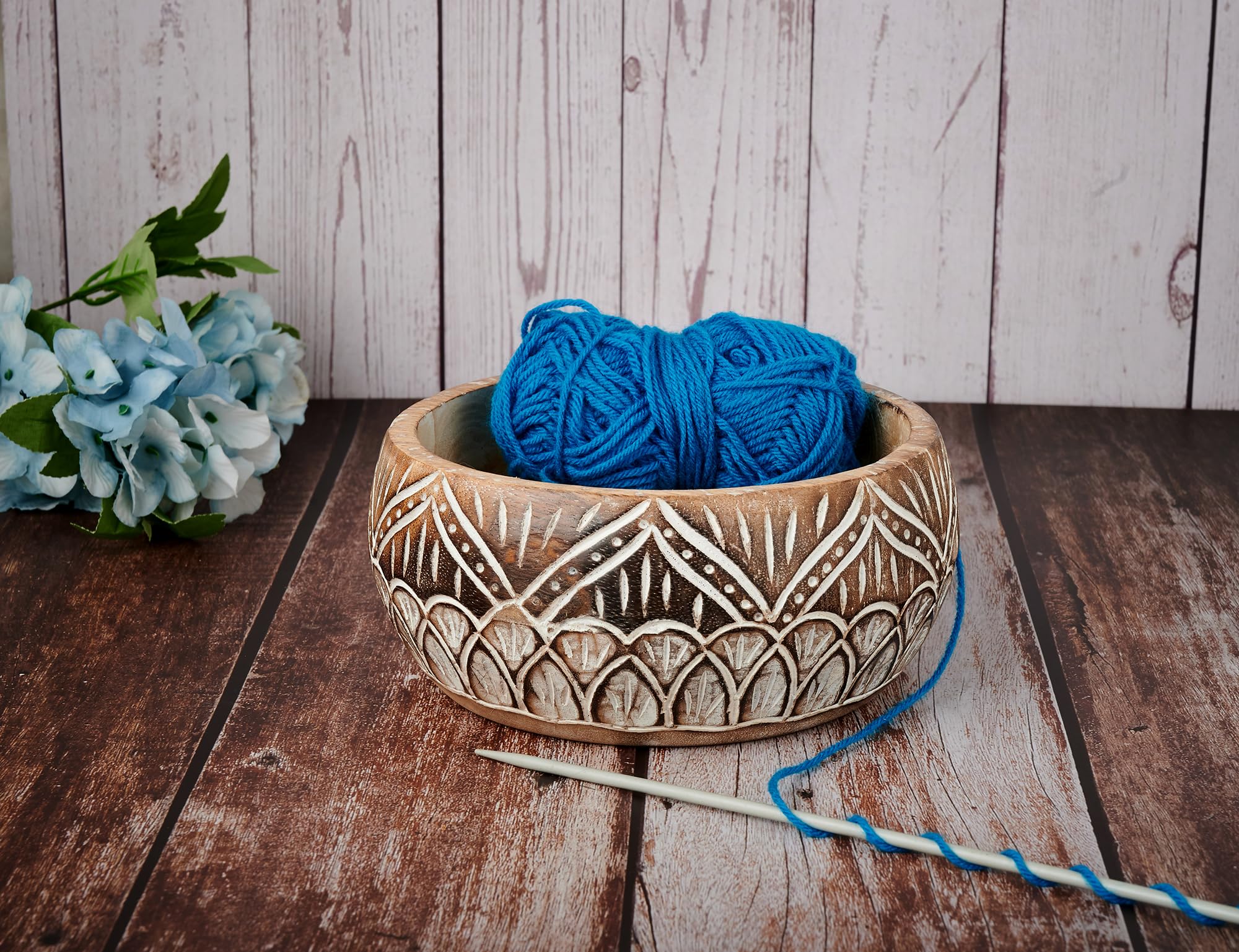 Eximious India Wooden Yarn Bowl Knitting Bowl Large Crochet Yarn Holder Handmade Crocheting Accessories and Supplies Organizer 7 x 3 YB2301