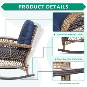 VIVIJASON 2 Piece Patio Wicker Rattan Rocker Chair, Outdoor Rattan Rocker Chair with Cushions & Steel Frame, All-Weather Rocking Lawn Wicker Furniture for Garden Backyard Porch (Navy Blue)