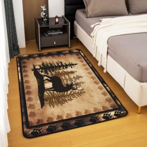 jejeloiu Cute Deer Area Rug 3x5 Girls Boys Kids Deer Hunting Decorative Carpet Room Bear Paw Print Tree Pattern Rugs for Living Room Bedroom Exotic Style Brown Accent Rug