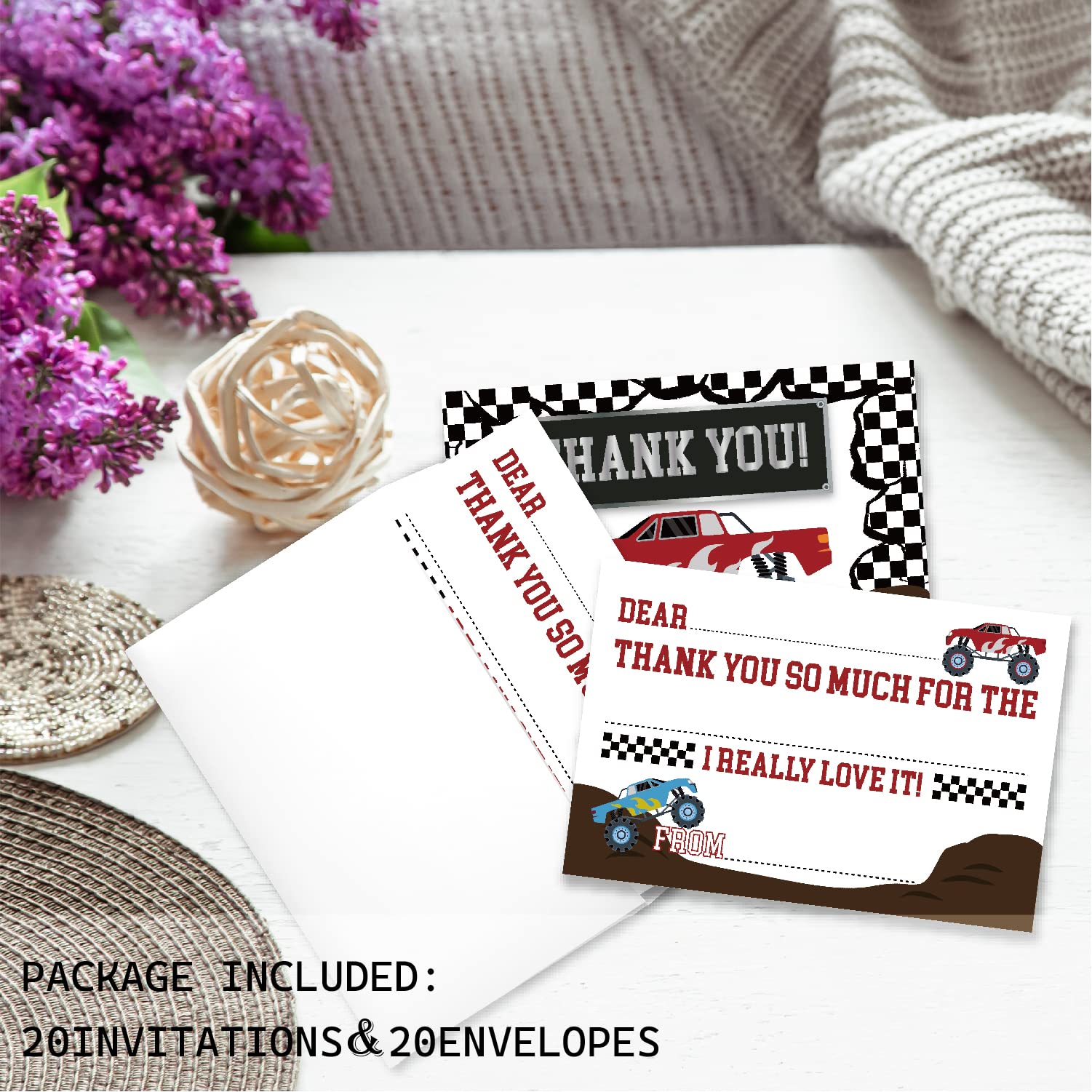 VNWEK Monster Truck Fill in Thank You Cards Fill in With Envelopes,Truck Birthday Party Double-sided Printed Thank You Card Cards for Boys Kids,Thank You Cards for Boys Birthday Party(20 Sets)