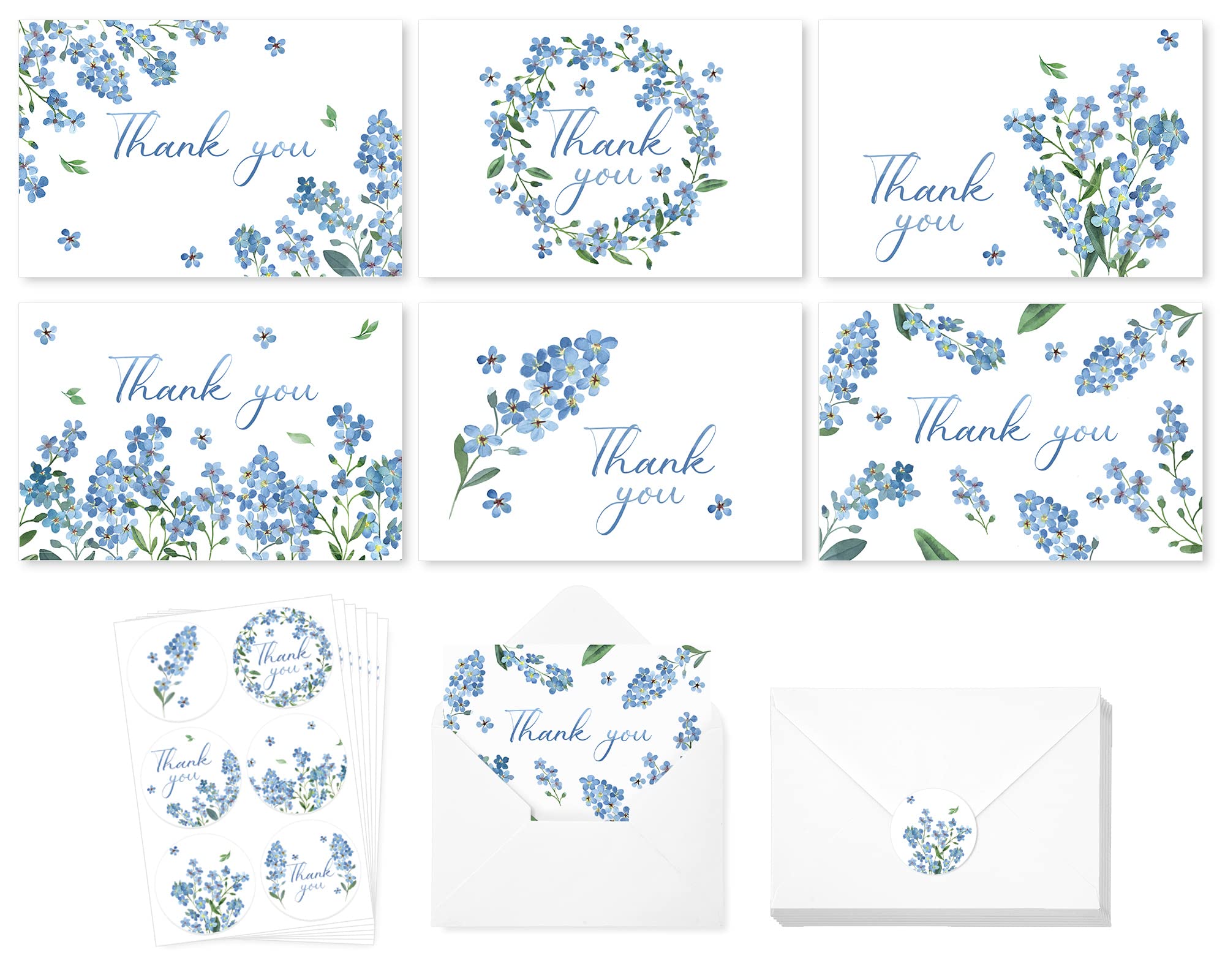 AnyDesign 36 Pack Blue Floral Thank You Cards Bulk Forget-Me-Not Myosotis Sylvatica Flower Greeting Cards with Envelope Sticker Thank You Note Cards for Wedding Birthday Baby Shower Bridal Party