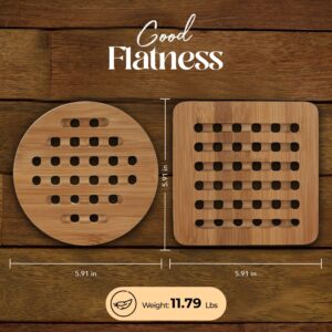 Alpine Cuisine Bamboo Trivet 2pc Set Round & Square 15cm - Hot Plate Trivet for Kitchen, Heat-Resistant Trivet Mats for Home Kitchen, Coffee Table, Living Room, Bar, Hot Dishes, Pot, Bowl, & Teapot