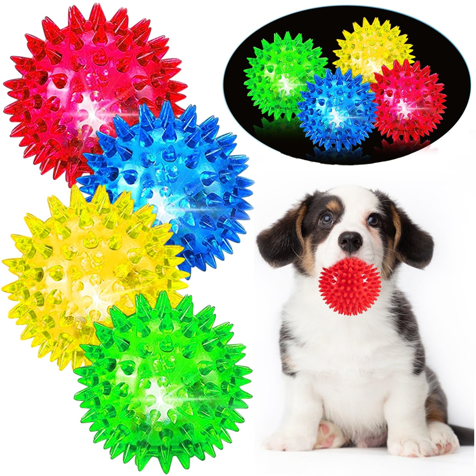 JLVAUVT Light Up Squeaky Dog Balls: Led Dog Balls for Aggressive Chewers Puppy Chew Toys for Teething - Spikey Dog Balls for Small, Medium, Large Dogs