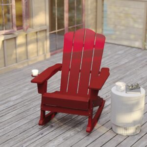 Flash Furniture Newport Adirondack Rocking Chair with Cup Holder, Weather Resistant Poly Resin Adirondack Rocking Chair, Red