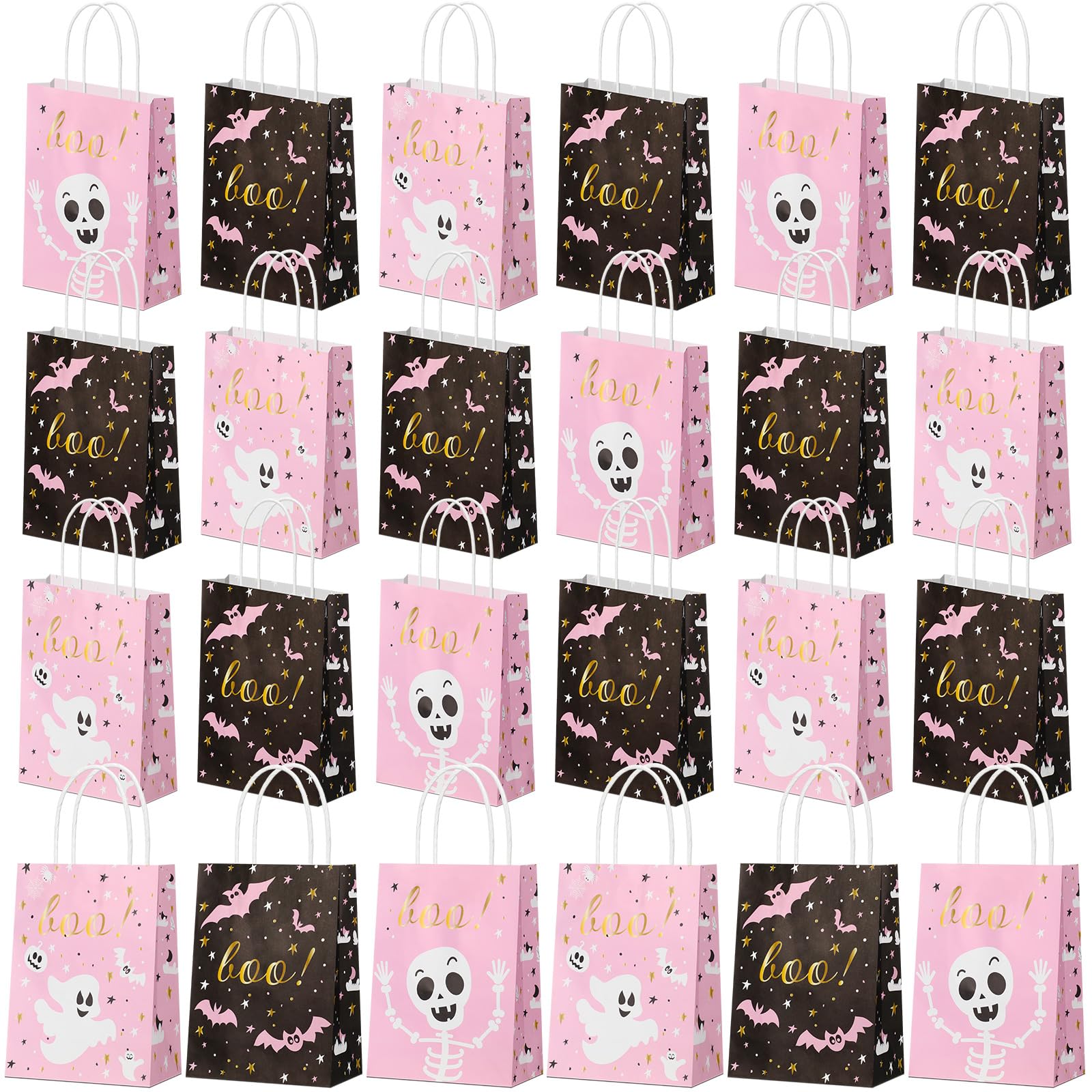 Ctosree 24 Pcs Halloween Treat Bags Pink Halloween Party Favor Bags Paper Happy Boo Day Pink Halloween Boo Favor Bags Treat Bag for Halloween Scary Theme Birthday Party