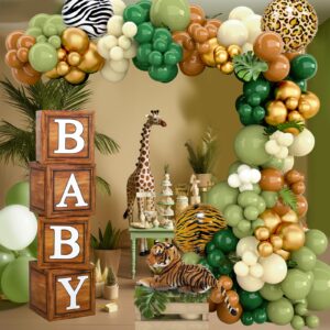 Baby Boxes Safari Baby Shower Decorations for Boy Girl, Safari Balloons Arch Kit with Wood Grain Brown Blocks with BABY Letter for Dinosaur Wild One Birthday Decorations for Boys