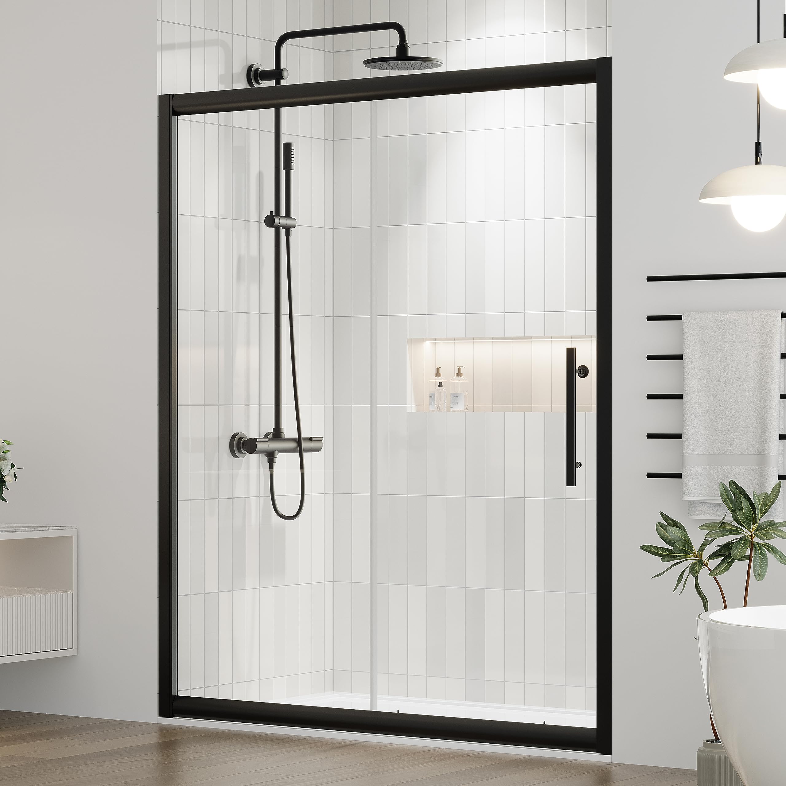 DELAVIN 60.in W x 72.in Semi-Frameles Black Shower Door with Clear Tempered Glass and Easy Roller System, Sliding Shower Door with Water Seal Strips, Glass Shower Door with Explosion-Proof Film