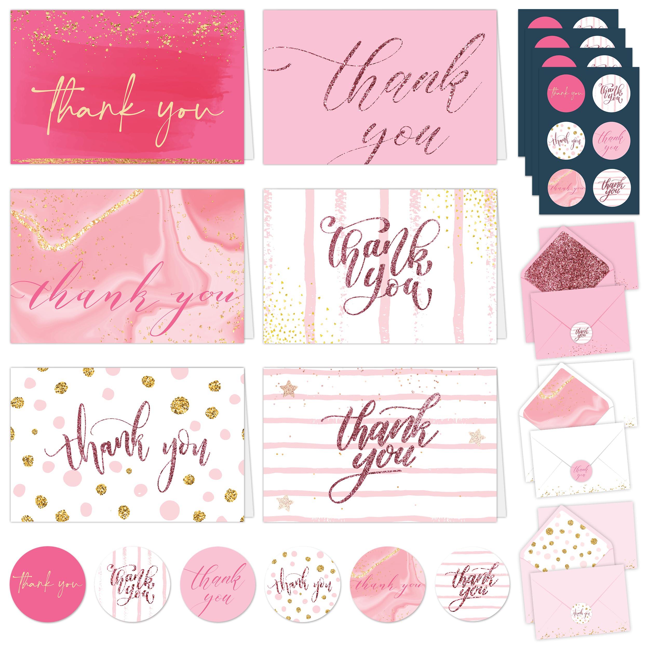 Decorably Thank You Cards with Envelopes & Stickers, Glittery Cards - 24 Pack Thank You Cards Pink Thank You Cards with Envelopes Pink, Blank Inside Pink Thank You Notes, 6x4in Thank You Notes Pink