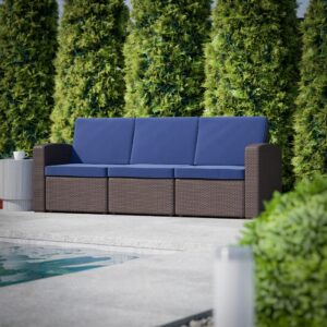 Flash Furniture Seneca Chocolate Brown Faux Rattan Sofa with All-Weather Navy Cushions