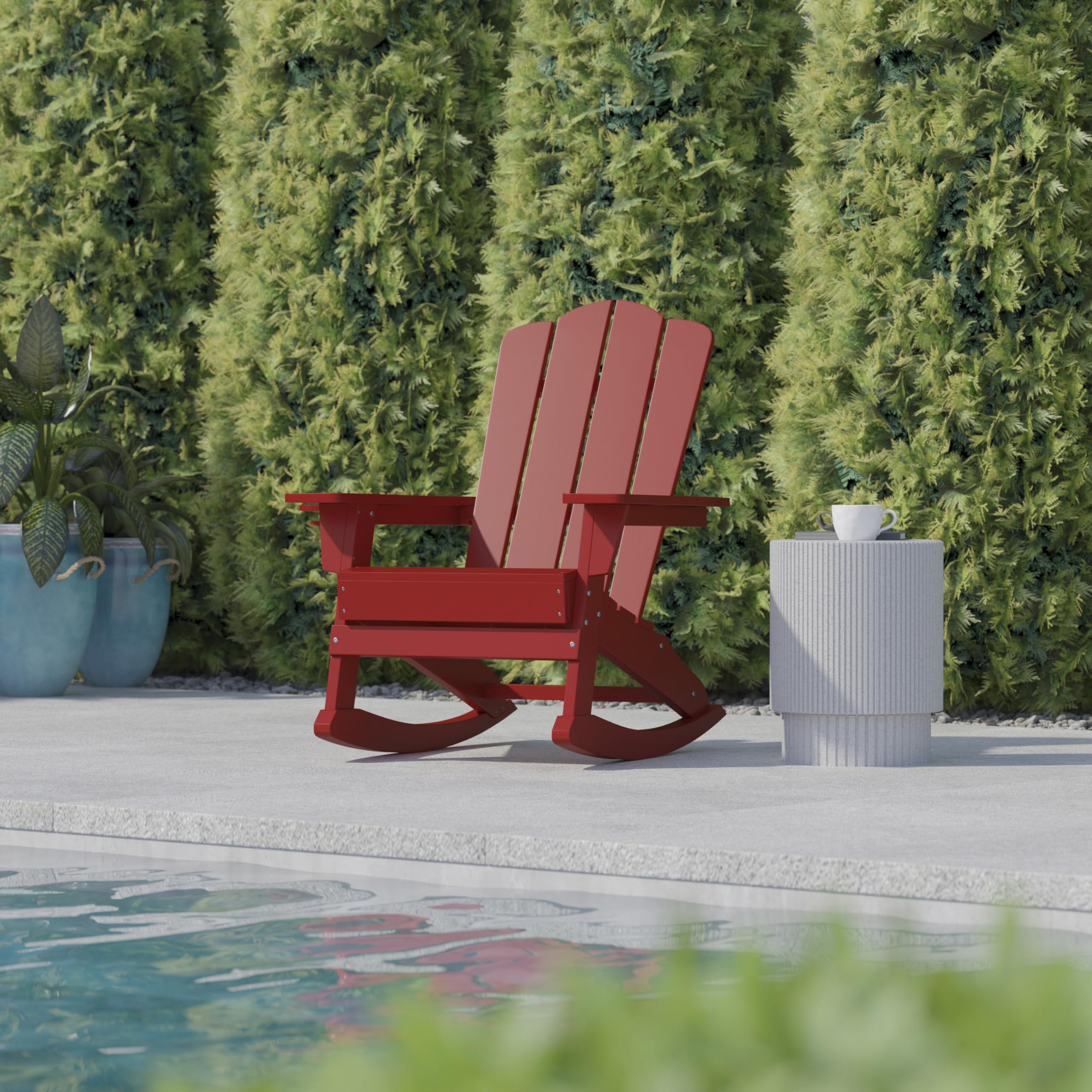 Flash Furniture Newport Adirondack Rocking Chair with Cup Holder, Weather Resistant Poly Resin Adirondack Rocking Chair, Red