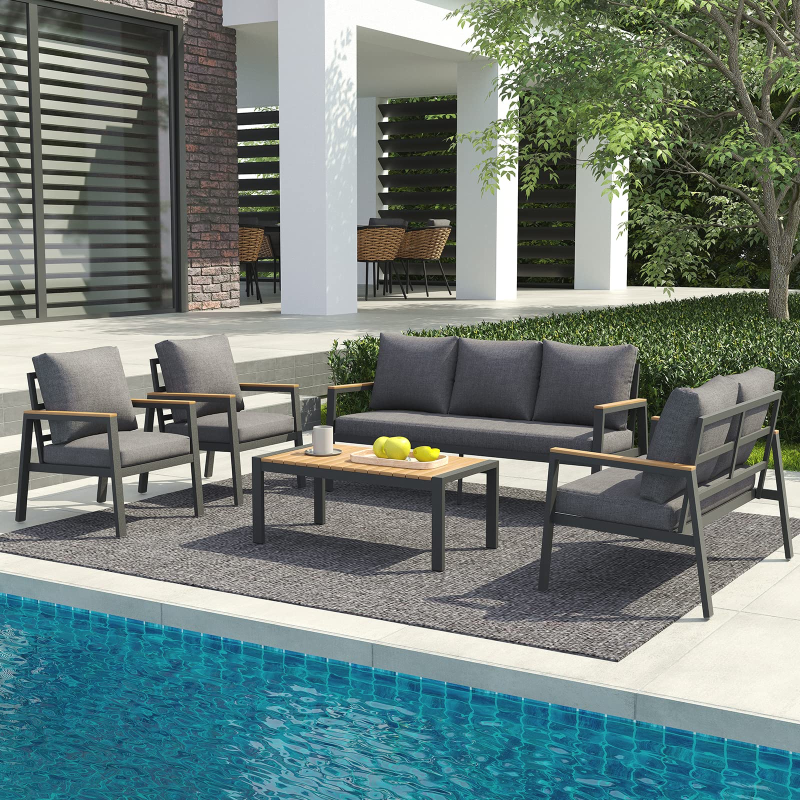 JOIVI Aluminum Patio Furniture Set 5 Pieces Outdoor Conversation Set with Teak Coffee Table & Cushions, Outdoor Patio Furniture Sectional Patio Sofa Outside Furniture for Deck, Backyard, Gray