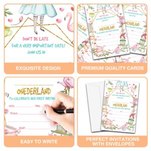 YQV Wonderland 1st Birthday Invitations Cards, 4"x 6" Onederland Birthday Party Invites with Envelopes for Party Decorations Supplies(20 Pieces) -D25