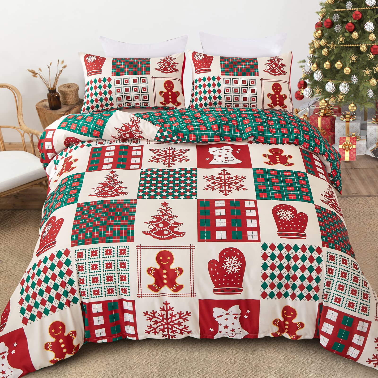 Dobuyly Christmas Duvet Cover Set Twin Cute Christmas Tree Snowflake Bell Pattern Patchwork Bedding Set for Kids Teens Reversible Red Green Plaid Xmas Comforter Cover with 1 Pillowcase