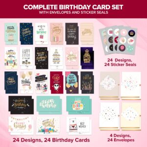 Decorably Assorted Cards with Envelopes & Stickers - 24 Pack Foiled and Glittery Box of Birthday Cards with Envelopes, Printed Message Inside Boxed Birthday Cards Assortment, 6x4 Birthday Card Pack