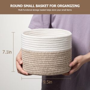 UBBCARE Small Basket for Organizing, Round Woven Basket With Handles, Small Storage Basket for decor, Beige & Brown Cotton Rope Basket (9.5" x 9.5" x 7.1")