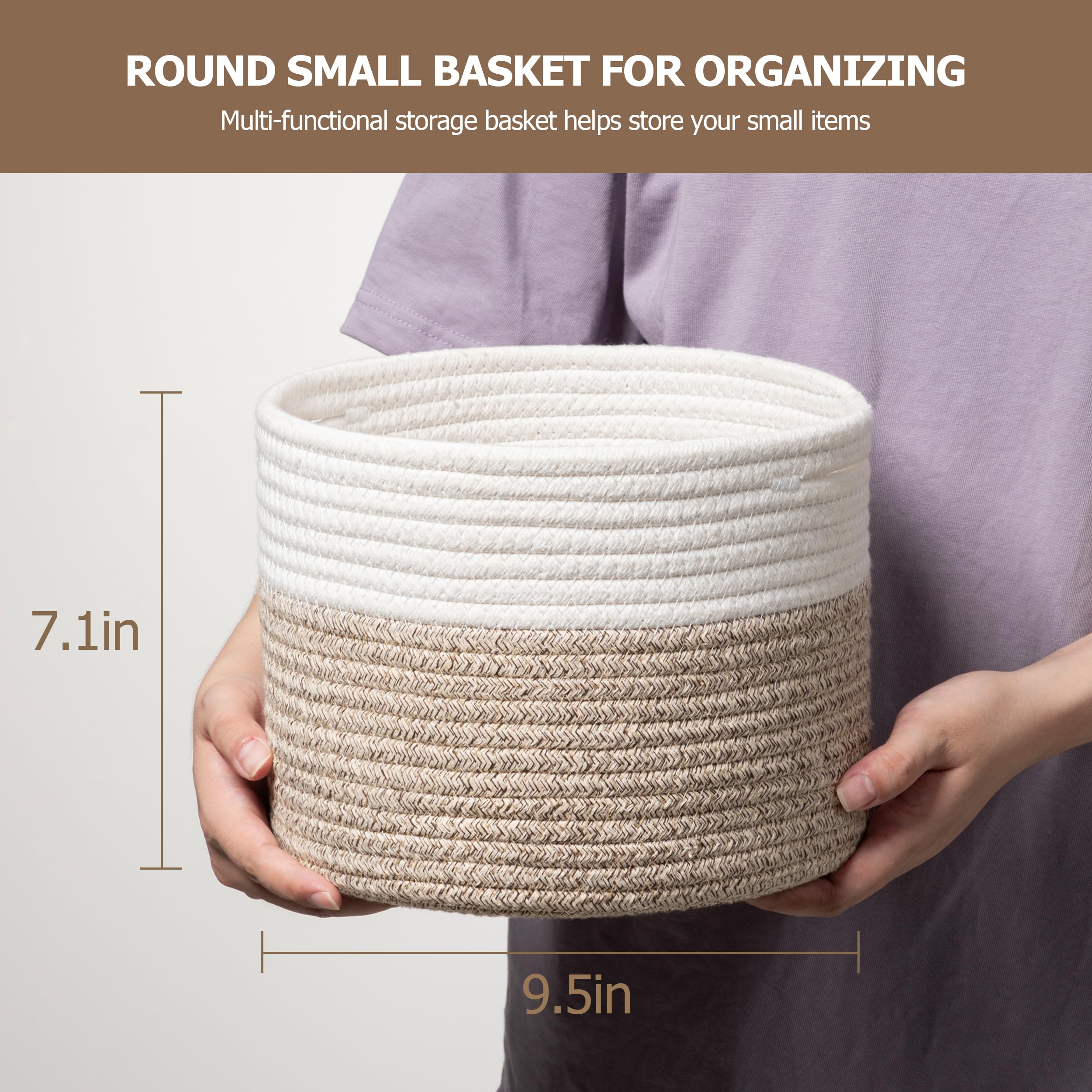 UBBCARE Small Basket for Organizing, Round Woven Basket With Handles, Small Storage Basket for decor, Beige & Brown Cotton Rope Basket (9.5" x 9.5" x 7.1")