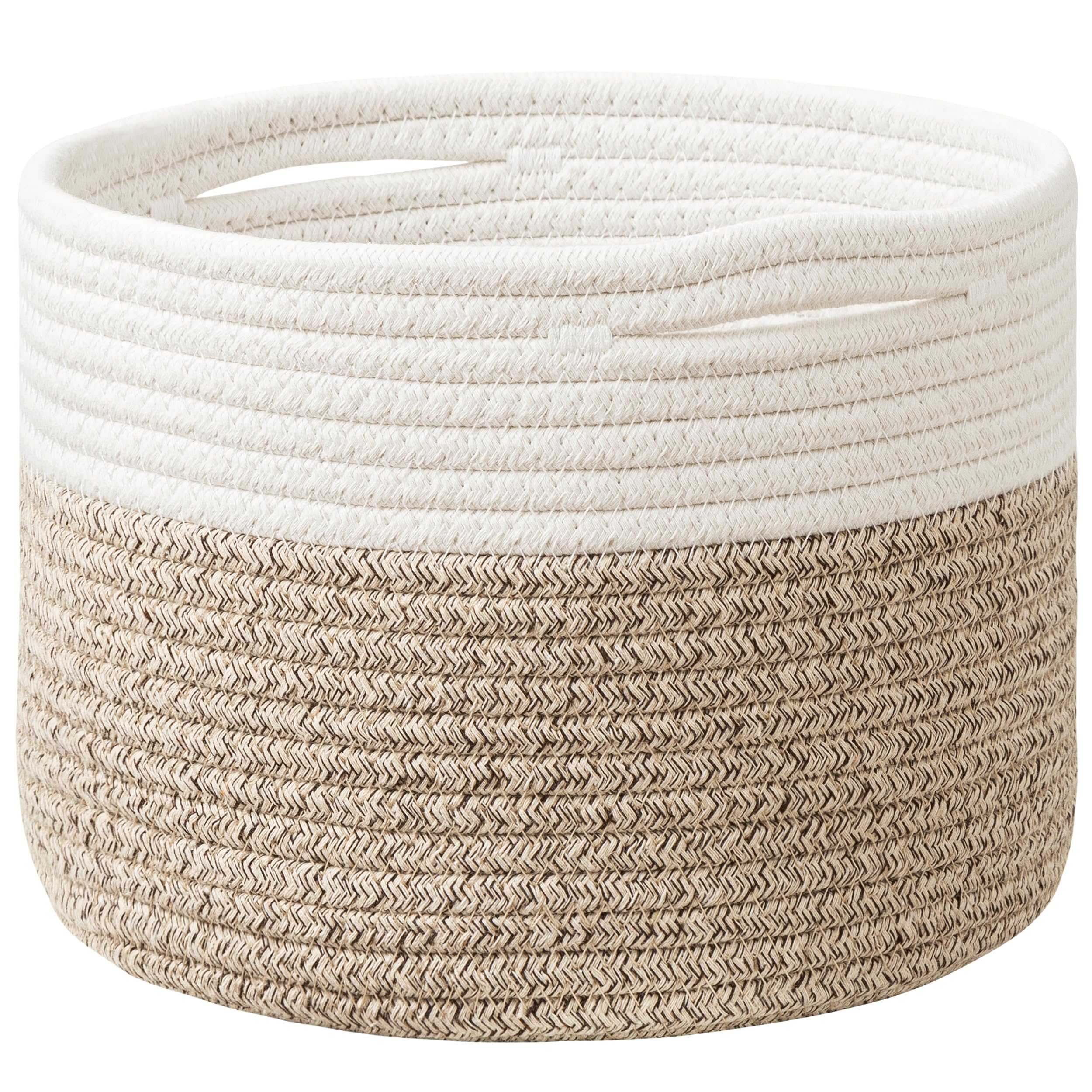 UBBCARE Small Basket for Organizing, Round Woven Basket With Handles, Small Storage Basket for decor, Beige & Brown Cotton Rope Basket (9.5" x 9.5" x 7.1")