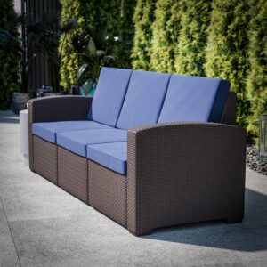 Flash Furniture Seneca Chocolate Brown Faux Rattan Sofa with All-Weather Navy Cushions