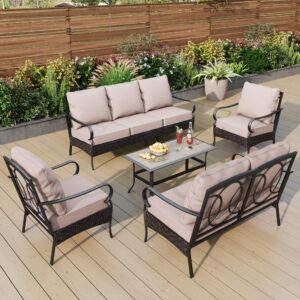 phi villa patio furniture set, 5 pieces outdoor metal wicker conversation sofa set for backyard w/coffee table, seat cushions