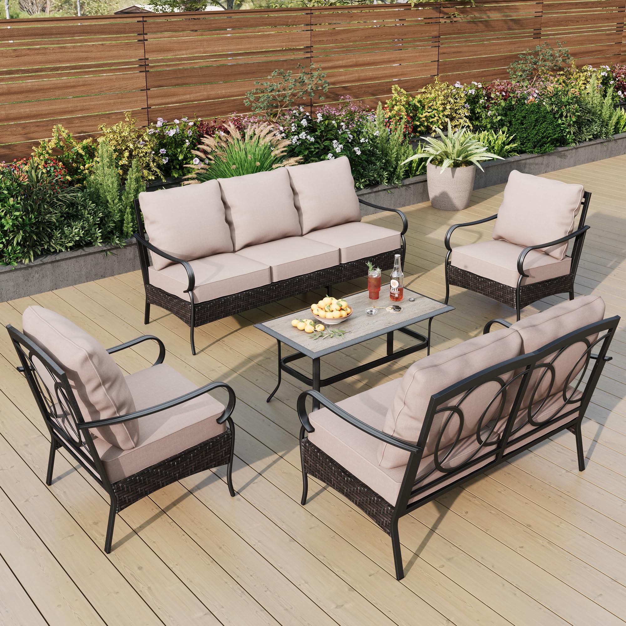 PHI VILLA Patio Furniture Set, 5 Pieces Outdoor Metal Wicker Conversation Sofa Set for Backyard w/Coffee Table, Seat Cushions