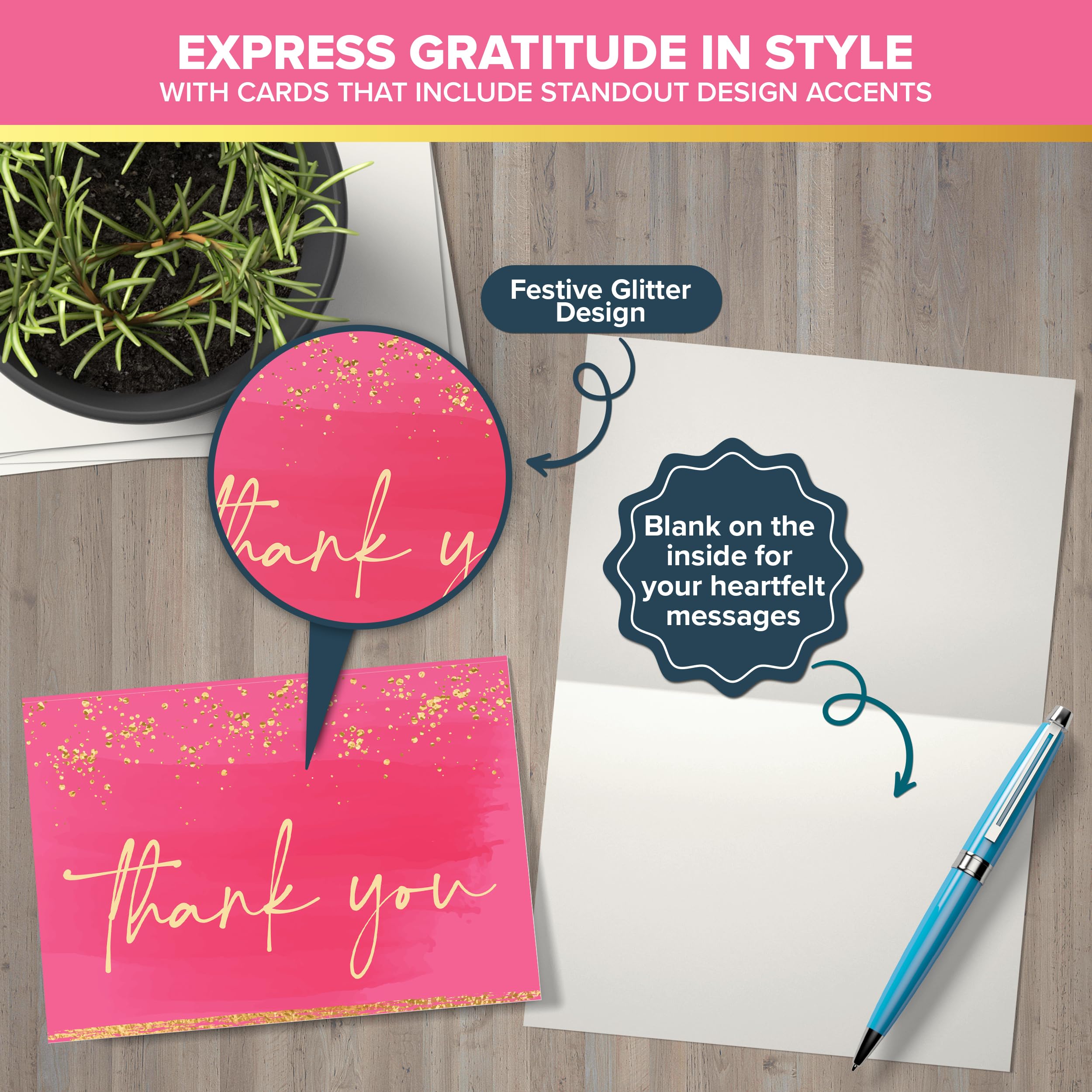 Decorably Thank You Cards with Envelopes & Stickers, Glittery Cards - 24 Pack Thank You Cards Pink Thank You Cards with Envelopes Pink, Blank Inside Pink Thank You Notes, 6x4in Thank You Notes Pink