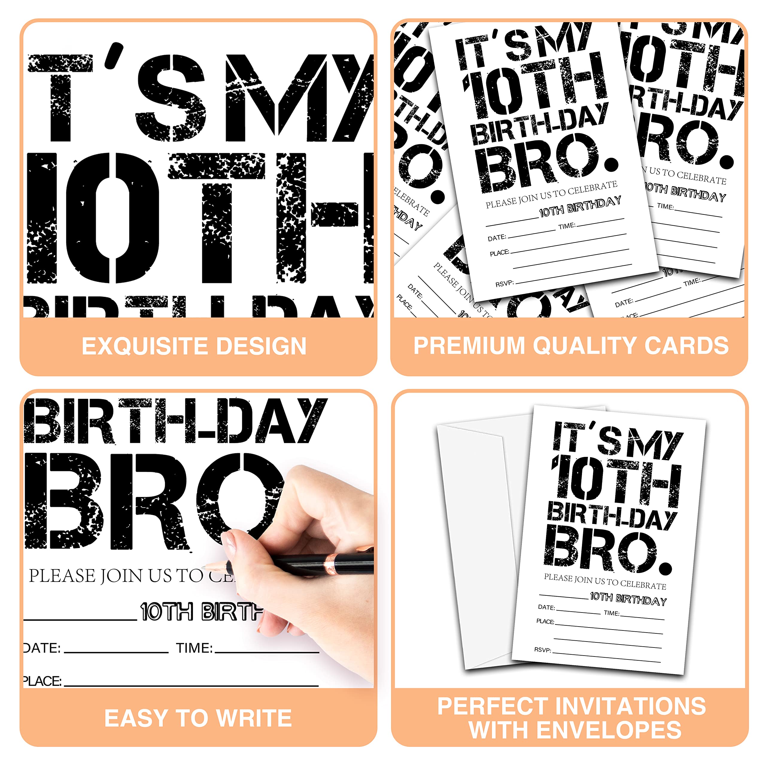 YQV It's My 10th Birthday Bro Invitations Cards, 4"x 6" Birthday Party Invites with Envelopes for Party Decorations Supplies(20 Pieces) -D23