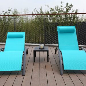 VARVIND Patio Chaise Lounge Chair Set of 3,Aluminum Outdoor Lounge Chair with Headrest,Sunbathing Lounger,Pool Tanning Chairs,Armrest Recliner Chiar with Side Table for Beach,Garden，Lawn(Blue)