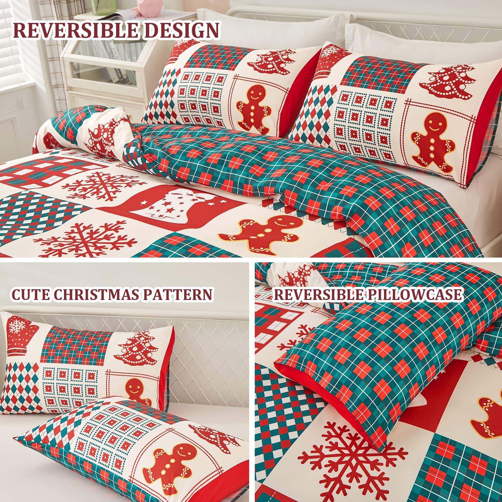 Dobuyly Christmas Duvet Cover Set Twin Cute Christmas Tree Snowflake Bell Pattern Patchwork Bedding Set for Kids Teens Reversible Red Green Plaid Xmas Comforter Cover with 1 Pillowcase