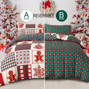 Dobuyly Christmas Duvet Cover Set Twin Cute Christmas Tree Snowflake Bell Pattern Patchwork Bedding Set for Kids Teens Reversible Red Green Plaid Xmas Comforter Cover with 1 Pillowcase