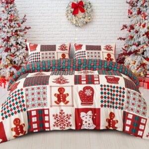 dobuyly christmas duvet cover set twin cute christmas tree snowflake bell pattern patchwork bedding set for kids teens reversible red green plaid xmas comforter cover with 1 pillowcase