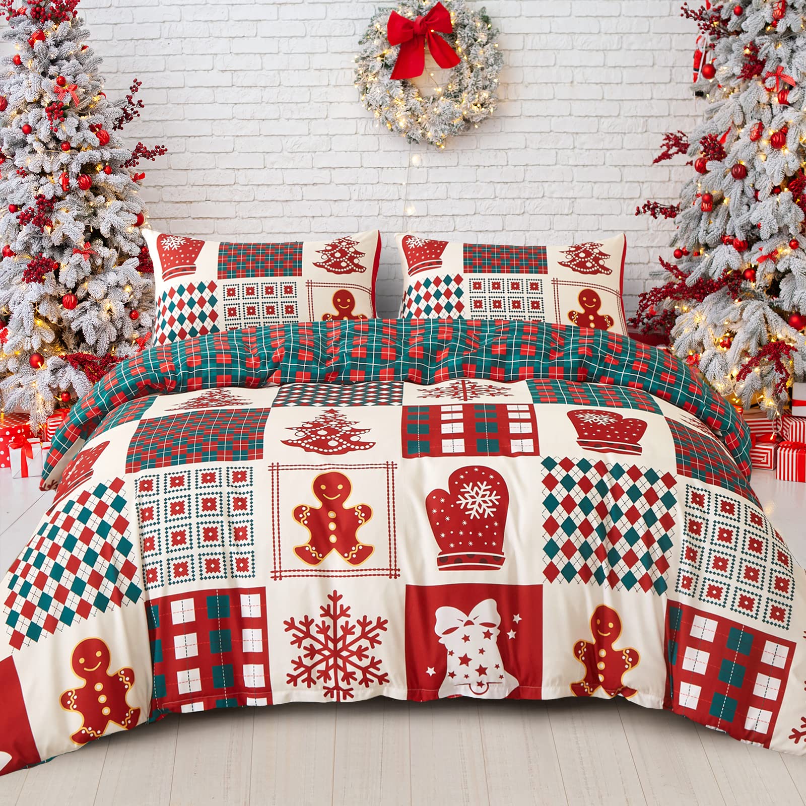 Dobuyly Christmas Duvet Cover Set Twin Cute Christmas Tree Snowflake Bell Pattern Patchwork Bedding Set for Kids Teens Reversible Red Green Plaid Xmas Comforter Cover with 1 Pillowcase