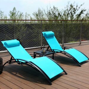 varvind patio chaise lounge chair set of 3,aluminum outdoor lounge chair with headrest,sunbathing lounger,pool tanning chairs,armrest recliner chiar with side table for beach,garden，lawn(blue)