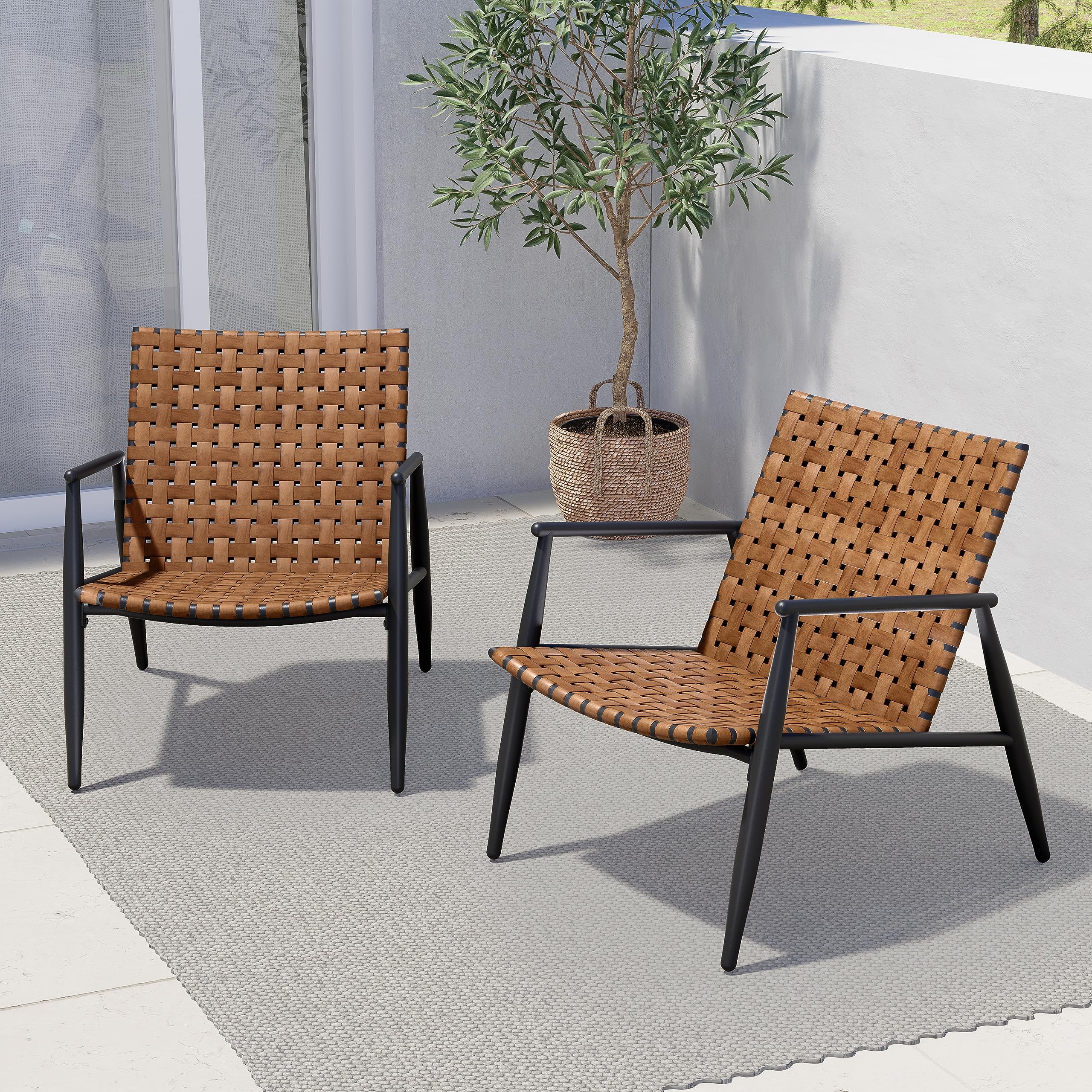 Grand patio Chairs Set of 2 Leather- Look Wicker Outdoor Chairs with Powder Coated Aluminum Frame Outdoor Bistro Set for Garden Backyard Balcony Brown