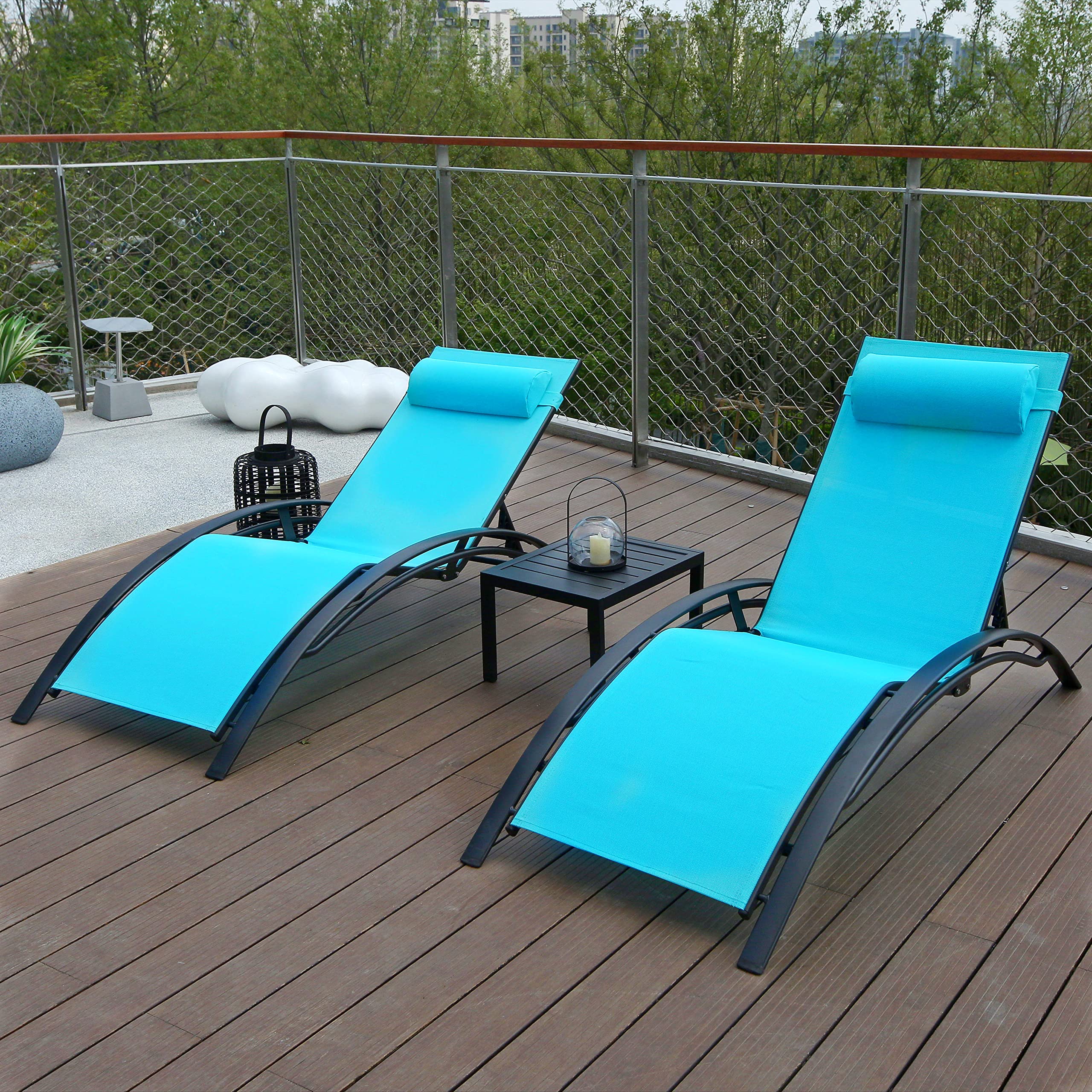 VARVIND Patio Chaise Lounge Chair Set of 3,Aluminum Outdoor Lounge Chair with Headrest,Sunbathing Lounger,Pool Tanning Chairs,Armrest Recliner Chiar with Side Table for Beach,Garden，Lawn(Blue)