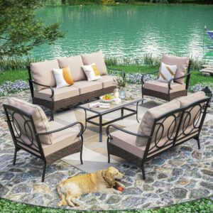 PHI VILLA Patio Furniture Set, 5 Pieces Outdoor Metal Wicker Conversation Sofa Set for Backyard w/Coffee Table, Seat Cushions