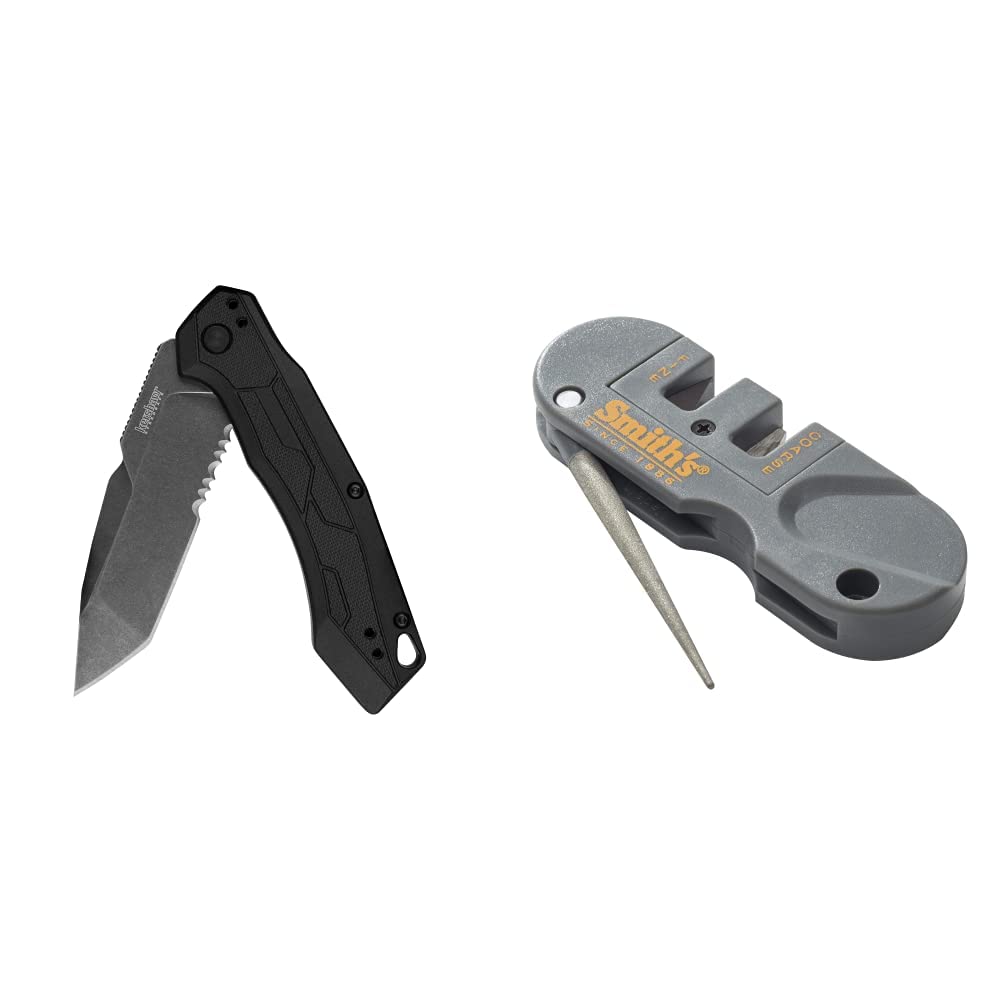 Kershaw Analyst Tanto Pocket Knife, 3.25, in. Blade, SpeedSafe Opening, Liner Lock, Black & Smith’s PP1 Pocket Pal Knife Sharpener Preset Carbide & Ceramic Stone Sharpeners Fold, Handheld, Compact